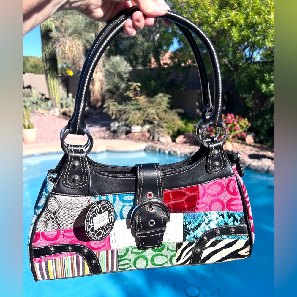Multicolor Patchwork Shoulder Bag with Silver Hardware - Picture 3 of 15